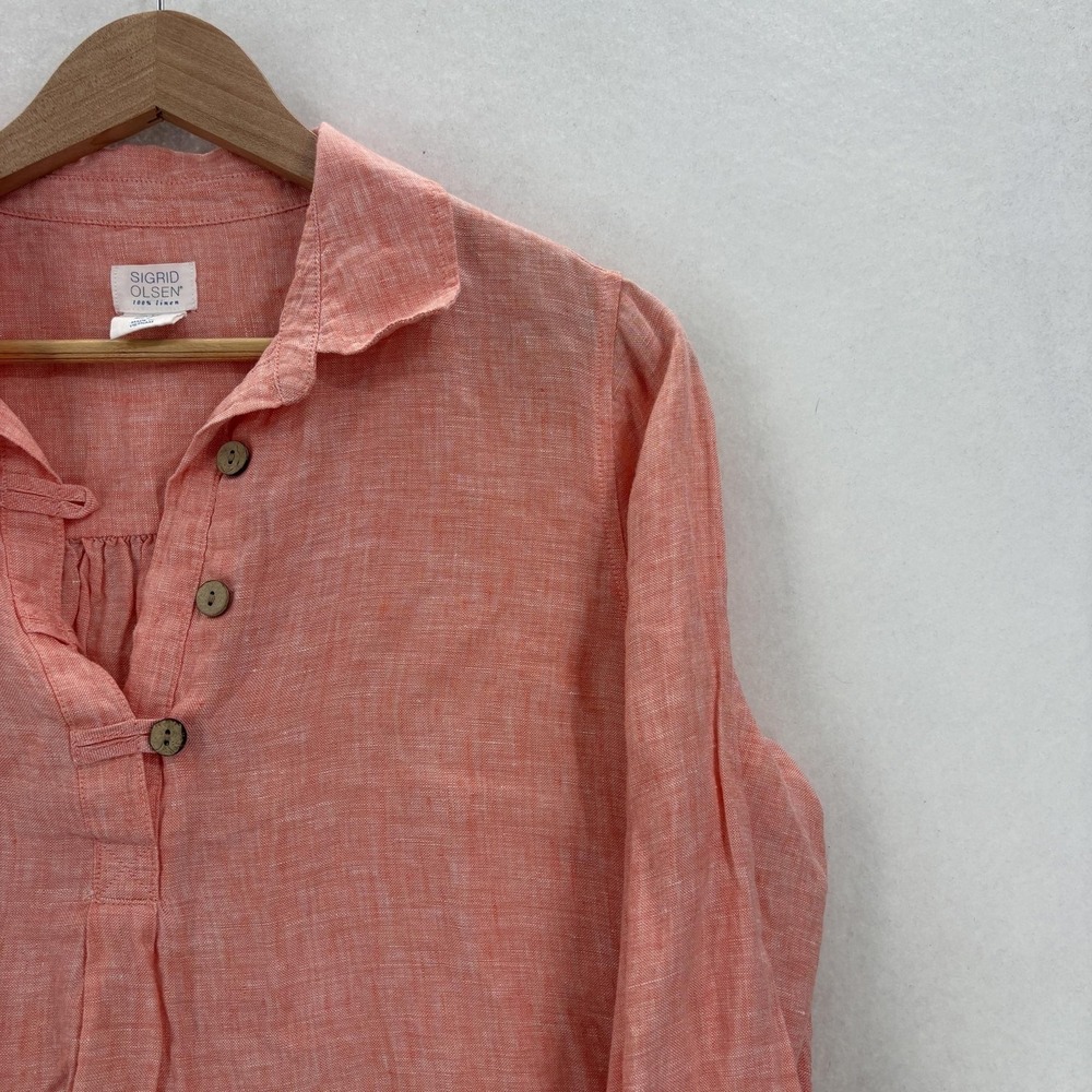 Sigrid Olsen Blouse Womens Small Pink 100% Linen Collared Roll Tab Tunic Top - Picture 2 of 11